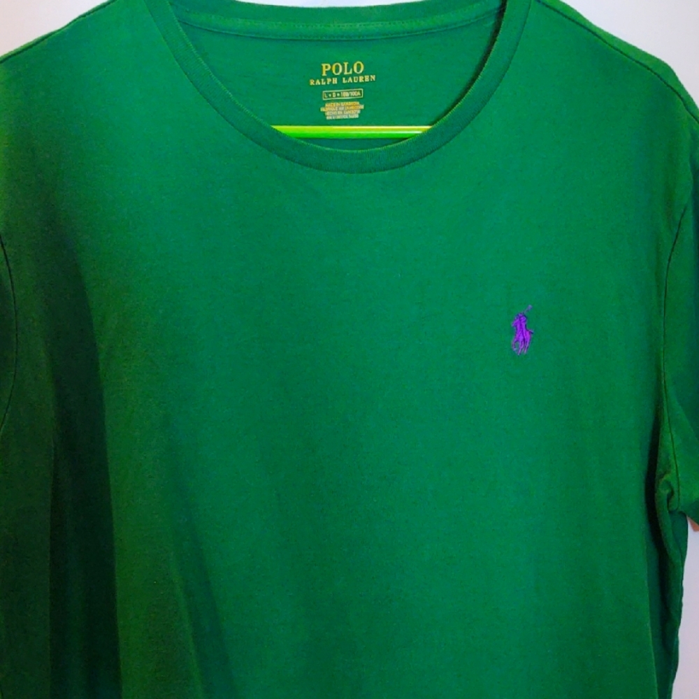 Polo by Ralph Lauren Men's Green Tee with Purple Logo